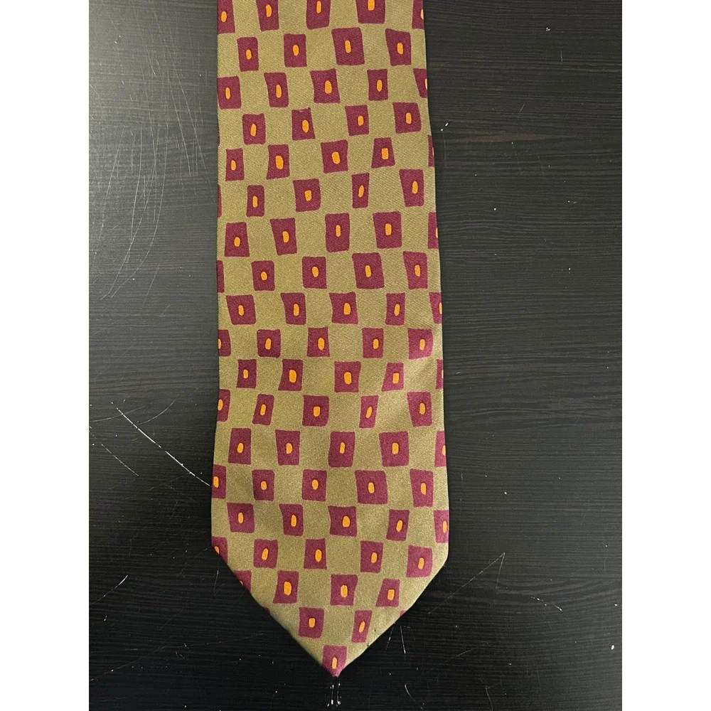 Ermenegildo Zegna Mens Silk Tie Olive Green Burgundy Geometric Made in Italy